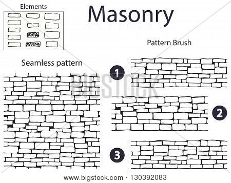Black and white seamless pattern and 3 brush drawing in the form of stone masonry. And a set of doodle elements from which they are made.