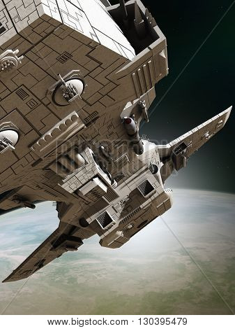 Science fiction illustration of an interplanetary spaceship leaving orbit around an alien planet, close up view, 3d digitally rendered illustration (3d rendering, 3d illustration)