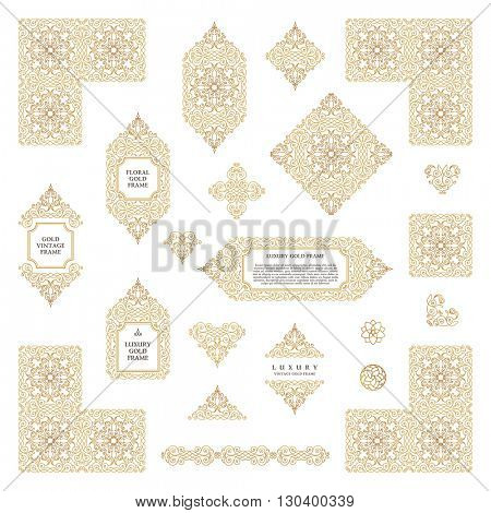 Arabic vector set of frames and lines of art design template. Muslim gold outline elements and emblems. Eastern floral frame. Logos line pattern for menu, postcard, restaurant, wedding invitation