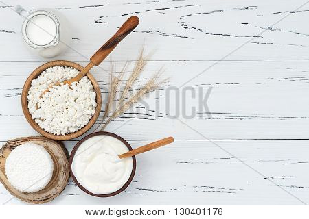 Soft homemade fresh ricotta cottage cheese made from milk draining on muslin cloth. Tzfat cheese with wheat grains. Symbols of judaic holiday Shavuot.