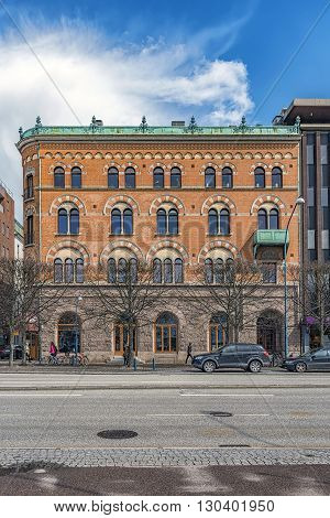 HELSINGBORG SWEDEN - APRIL 25 2016: The front facade of one of the many beautiful old historic buildings that Helsingborg in Sweden has to offer.