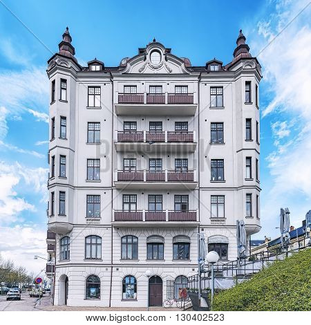 HELSINGBORG SWEDEN - APRIL 25 2016: The front facade of one of the many beautiful old historic buildings that Helsingborg in Sweden has to offer.