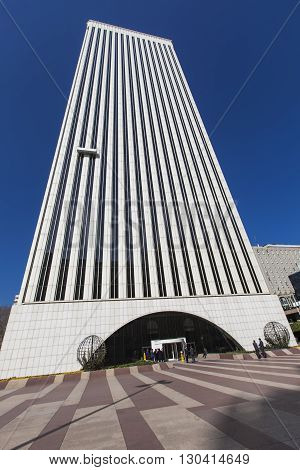 MADRID, SPAIN - MARCH 16, 2016: Building of Picasso Tower. It is one of the highest skyscrapers in Madrid with a height of 157 meters.