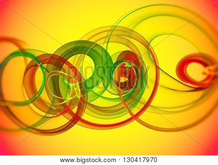 holyday glass transparent rainbow curved spiral and sircles over yellow orange Abstract Background.  horizontal Illustration