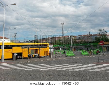 PRAGUE CZECH REPUBLIC - CIRCA JUNE 2015: coach of the Student Agency company ready for boarding at Florenc bus station in Prague Zizkov