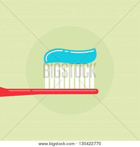 Toothbrush with toothpaste vector illustration, red tooth brush and blue tooth paste simple flat modern design isolated