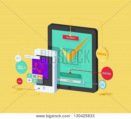 Stock vector illustration of mobile phone and tablet with application for ordering call back Isometric in flat style element for info graphic, website, games, motion design