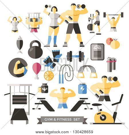 Bodybuilding Knolling Icon Set male and female athletes in training and sports equipment vector illustration