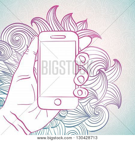 Woman hand with smartphone vextor design illustration