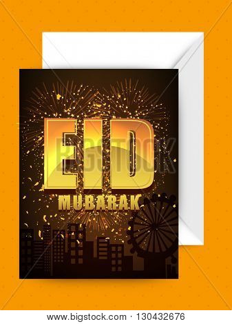 Golden Text Eid Mubarak on firework explosion and cityscape background, Beautiful Greeting Card with Envelope for Islamic Festival celebration.