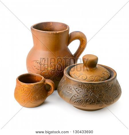 Jug, pot and cup. Pottery isolated on white background.