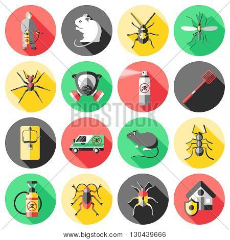 Pest control flat icons set with house worker insecticide trap rodent ant mosquito spider isolated vector illustration