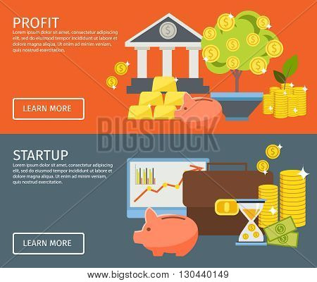 Two horizontal investment banner set with buttons and descriptions of profit and startup vector illustration