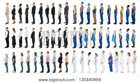 Collage Of People With Different Occupations Standing In Line Against White Background