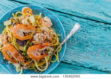 Pasta Frutti di Mare, Seafood - Spaghetti with Tiger Prawns, Mussels

