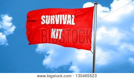 Survival kit sign, 3D rendering, a red waving flag