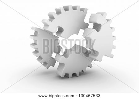 White Exploded Jigsaw Puzzle Cog Wheel on White Background - 3D Illustration