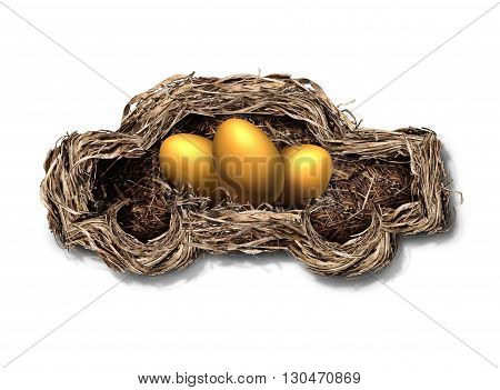 Car financing concept as a nest shaped as an automobile or auto with golden eggs inside as a financial symbol for transportation investment or leasing payments with 3D illustration elements.