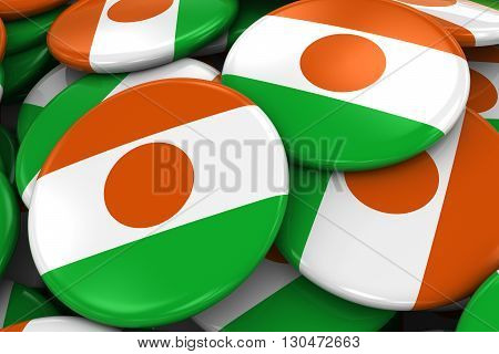 Pile Of Nigerien Flag Badges - Flag Of Niger Buttons Piled On Top Of Each Other - 3D Illustration