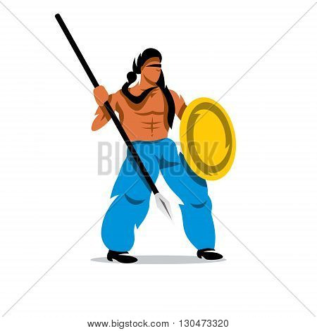 Gladiator in a helmet holding shield and a spear. Isolated on a white background