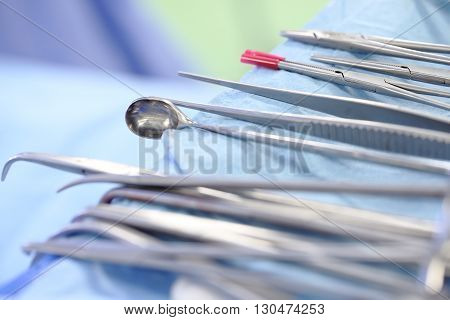 Surgical instruments during the surgery. Macro photo