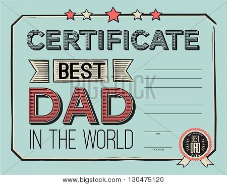 template certificate diploma congratulations for fathers day in vintage retro style. vector illustration. Worlds best dad certificate template.