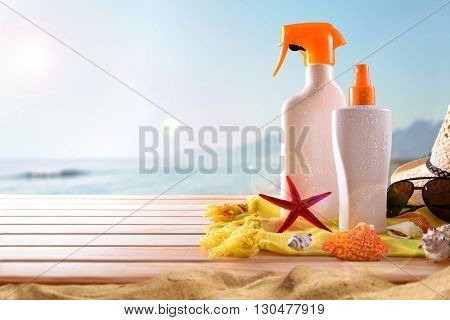 Suncream On Wooden Slats On The Beach Horizontal Composition