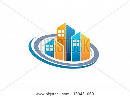 real estate house logo, circle apartment home buildings symbol icon vector design.