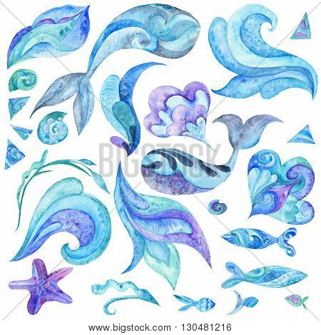 Collection of creative sea illustrations of fishes, whales, shells, waves isolated on white background