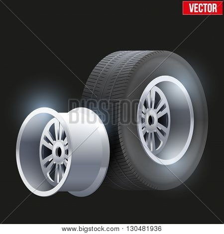 Complect Car tires and wheel at warehouse. Vector Illustration isolated on white background