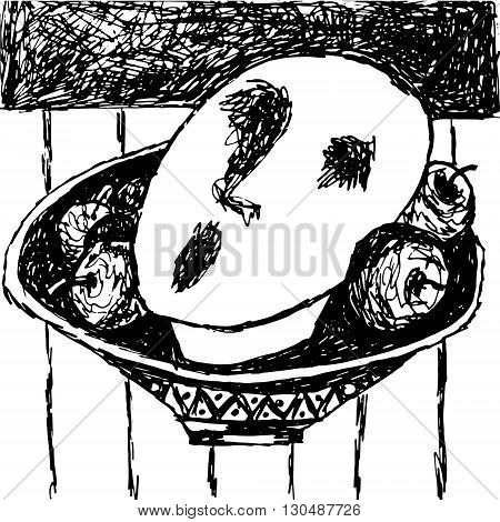 Pen illustration of severed head in dish with apple
