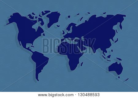 Abstract world map in light and dark blue, continents floating with shadows in ocean.