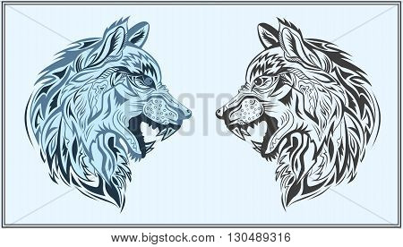 Decorative head of a wolf on a blue background. Isolated decorative animals in a modern style for design bags, posters, tattoos, logos. Vector illustration