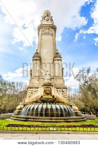 MADRID SPAIN - MARCH 22 2016: The Cervantes monument the Tower of Madrid (Torre de Madrid) and the Spain Building (Edificio Espana) on the Square of Spain (Plaza de Espana). Madrid. Spain.
