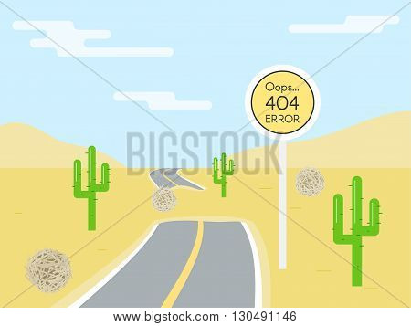 404 error page template for website. Road sign in shape of yellow circle. End road. Road in the desert. Vector illustration for web design 404 page not found