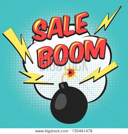 Bomb explosion flyer pop art comic mega sale discount promotion. Vector illustration background with bomb explosive boom in the pop art style