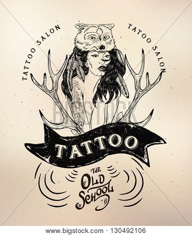 Vector tattoo studio logo templates on dark background. Cool retro styled vector emblems.