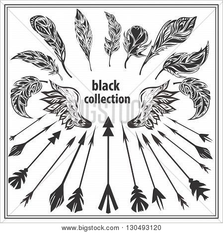 Set monochrome feathers wings and arrows on a white background. Isolated decorative elements for design. Vector illustration