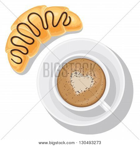 Breakfast food, coffee mug top view. Cappuccino and croissant with chocolate top. Vector illustration isolated on white background for your web design or print brochures