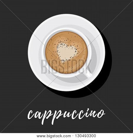 Cappuccino in white Cup on saucer with heart pattern on the foam and sprinkled with chocolate. Vector illustration top view for web design or brochure printing