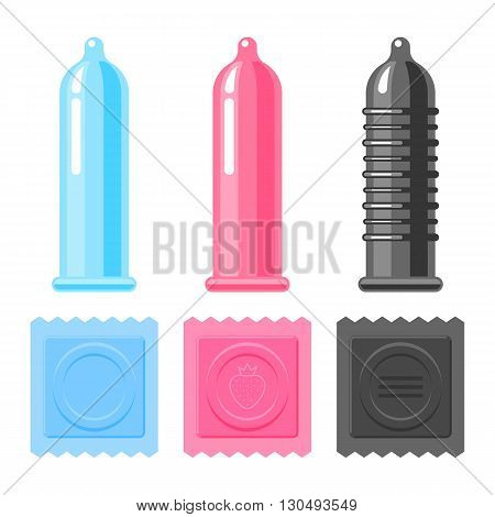 Colorful condoms set. Contraception, sex toy. Vector illustration flat style isolated icons on white background