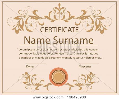 The certificate template with floral ornaments in Victorian style. Certificate ornament style can be used for Restaurant, boutique, hotel, educational institution. Vector illustration