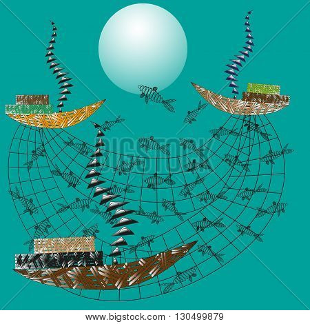 Illustration of fishing at sea
Abstract Drawing on a green background fishing in the sea, three boats
catch fish school networks for decoration and design
