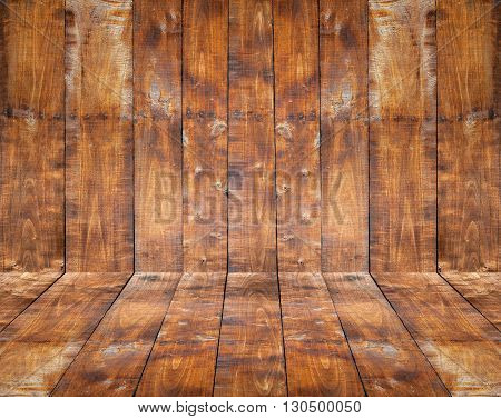 dark brown old wood texture in horizontal and vertical surfaces in perspective for background