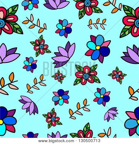 Seamless Vector flower pattern on light blue background.