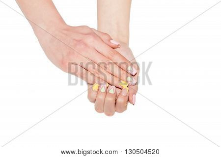 Female Manicure, Women's Hands On A White Background