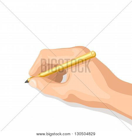 Pen in her hand. The hand writes or draws. Isolated vector illustration on white background for your web design or print