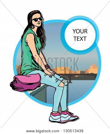 Beautiful young  women in a casual clothes on city background Vector hand drawn  illustration.