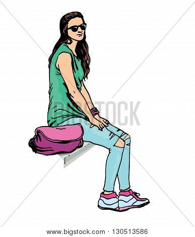 Beautiful young  women in a casual clothes on city background Vector hand drawn  illustration. isolated