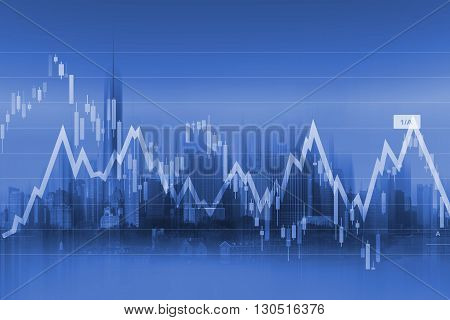 Currency Trading Background with Graph Stats and Modern Cityscape in the Background.